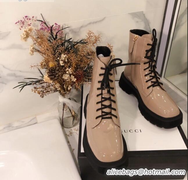 Fashion Gucci Patent Leathe 23 Lace-up Short Boots 120145 Nude