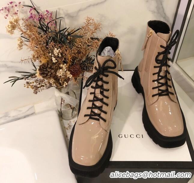 Fashion Gucci Patent Leathe 23 Lace-up Short Boots 120145 Nude