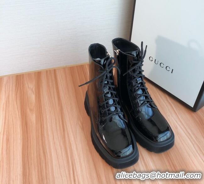 Affordable Price Gucci Patent Leathe 23 Lace-up Short Boots 120145 Black