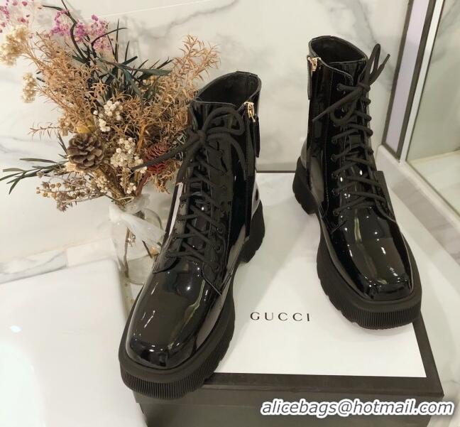 Affordable Price Gucci Patent Leathe 23 Lace-up Short Boots 120145 Black