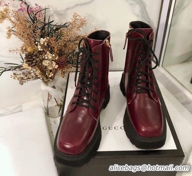 Popular Gucci Oily Leathe 23 Lace-up Short Boots 120148 Burgundy