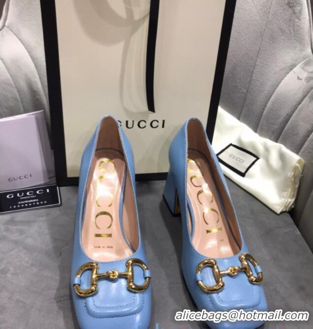 Best Price Gucci Leather Mid-Heel Pumps with Horsebit 120226 Blue