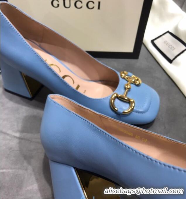 Best Price Gucci Leather Mid-Heel Pumps with Horsebit 120226 Blue