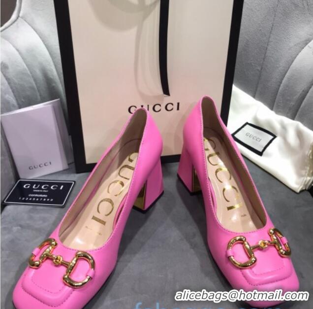 Super Quality Gucci Leather Mid-Heel Pumps with Horsebit 120226 Hot Pink