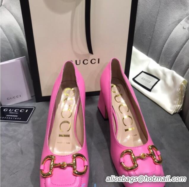 Super Quality Gucci Leather Mid-Heel Pumps with Horsebit 120226 Hot Pink