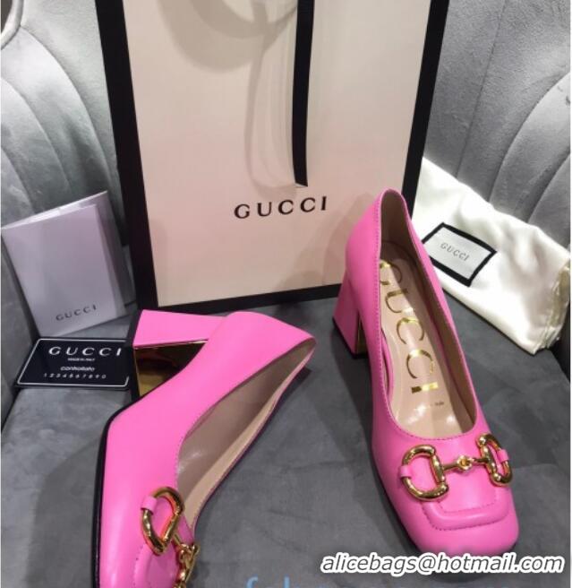 Super Quality Gucci Leather Mid-Heel Pumps with Horsebit 120226 Hot Pink