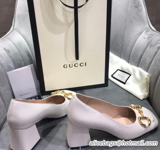 Sophisticated Gucci Leather Mid-Heel Pumps with Horsebit 120226 White