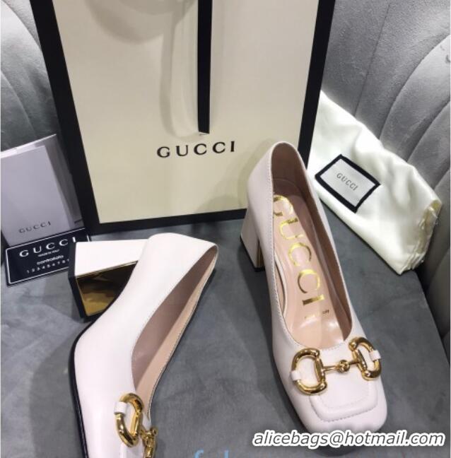 Sophisticated Gucci Leather Mid-Heel Pumps with Horsebit 120226 White