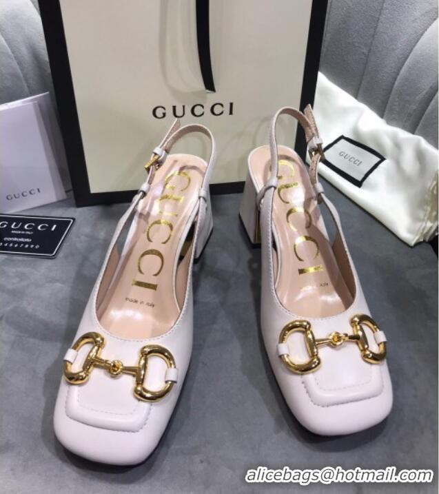 1:1 aaaaa Gucci Mid-Heel Slingback Pumps with Horsebit 120232 White