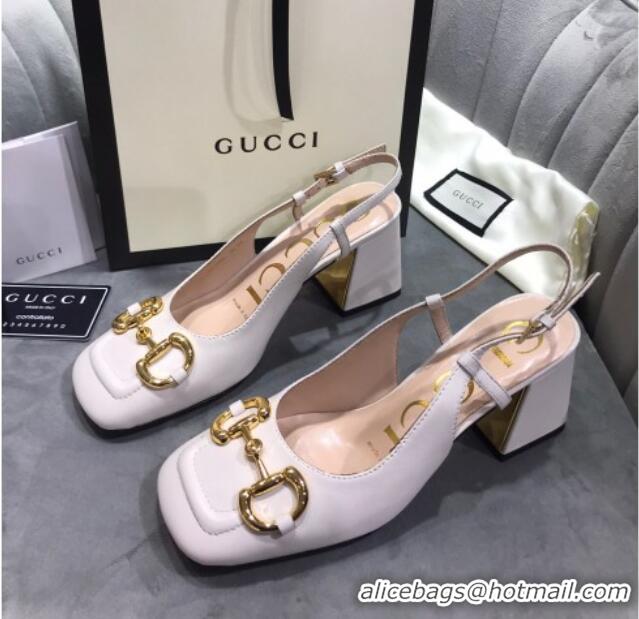 1:1 aaaaa Gucci Mid-Heel Slingback Pumps with Horsebit 120232 White