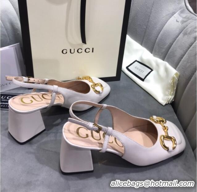 1:1 aaaaa Gucci Mid-Heel Slingback Pumps with Horsebit 120232 White