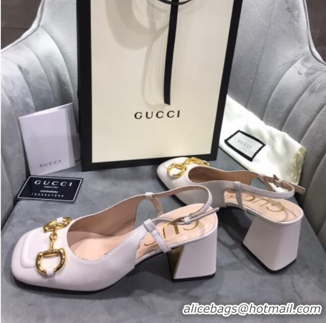 1:1 aaaaa Gucci Mid-Heel Slingback Pumps with Horsebit 120232 White