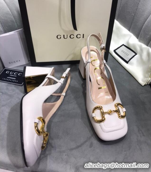 1:1 aaaaa Gucci Mid-Heel Slingback Pumps with Horsebit 120232 White