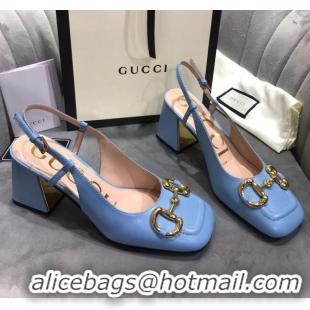 Best Grade Gucci Mid-Heel Slingback Pumps with Horsebit 120232 Blue