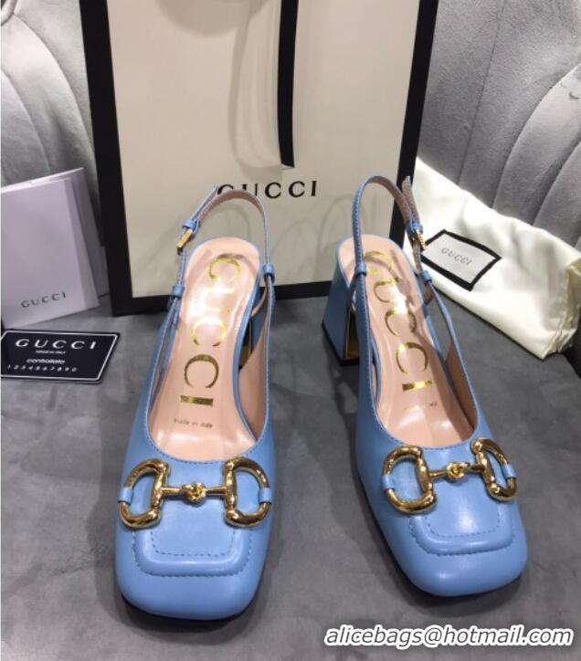 Best Grade Gucci Mid-Heel Slingback Pumps with Horsebit 120232 Blue