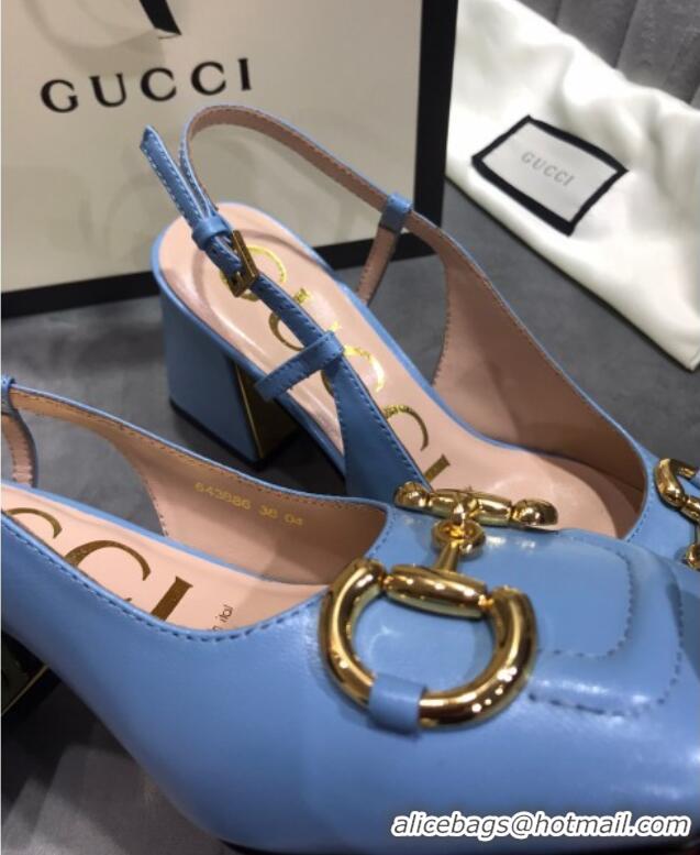 Best Grade Gucci Mid-Heel Slingback Pumps with Horsebit 120232 Blue