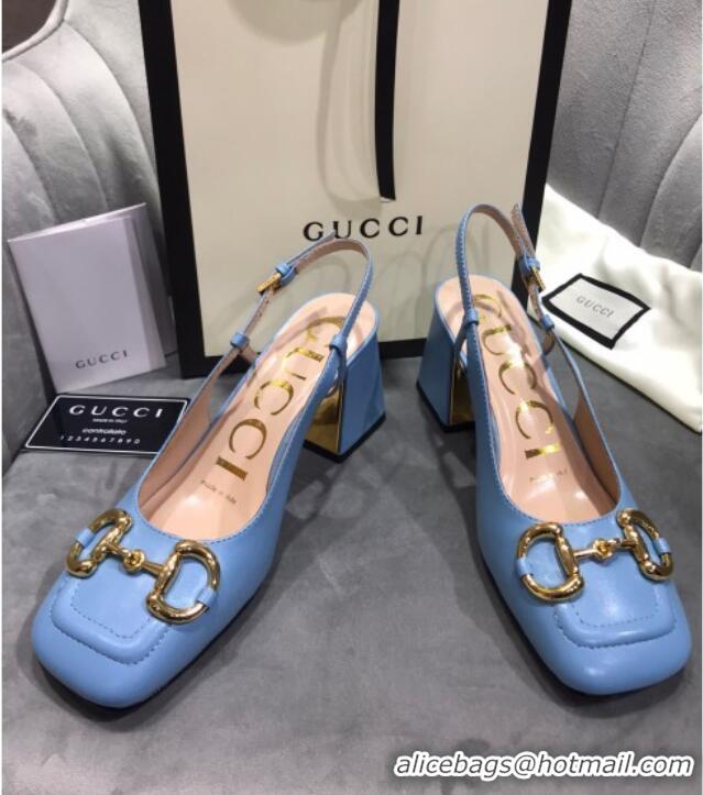 Best Grade Gucci Mid-Heel Slingback Pumps with Horsebit 120232 Blue