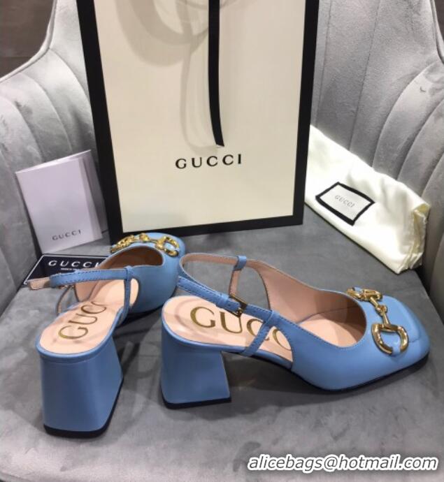 Best Grade Gucci Mid-Heel Slingback Pumps with Horsebit 120232 Blue