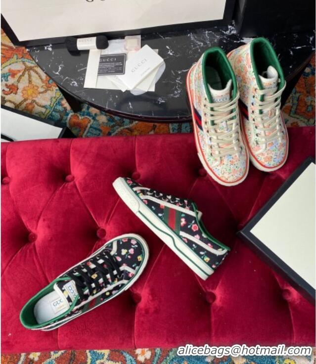 Best Luxury Gucci Tennis 1977 Liberty London Floral Low-Top Sneakers in Black Canvas 120311