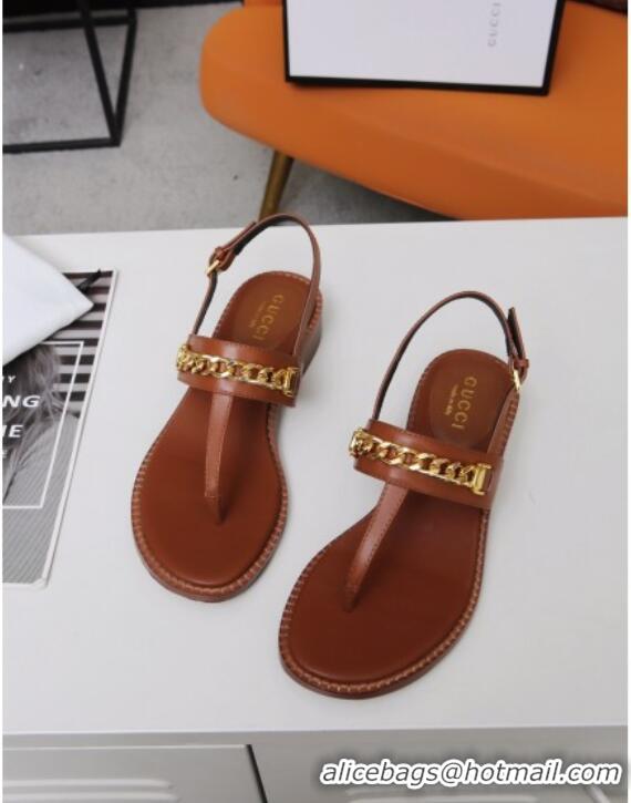 Best Product Gucci Leather Thong Sandal with Chain 626599 Brown