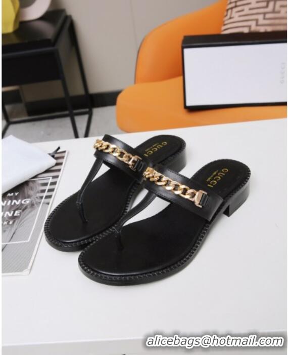 Modern Gucci Thong Sandal with Chain 626599 Black/Gold