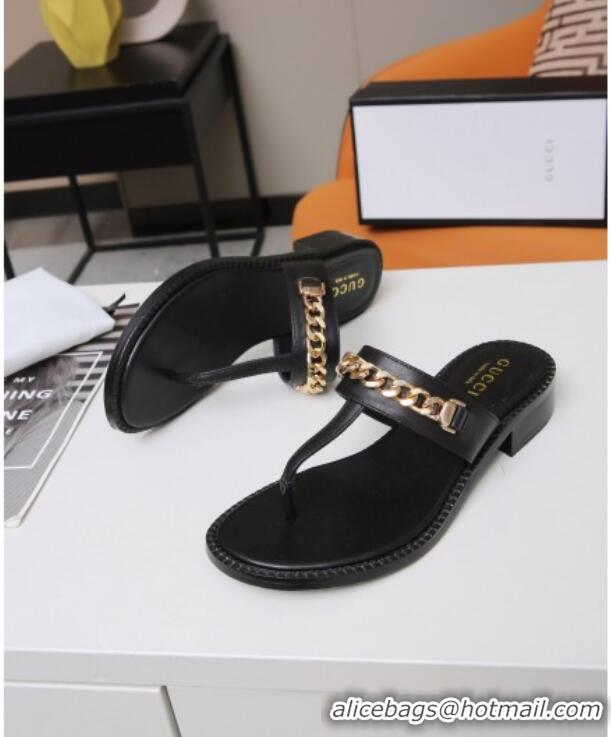 Modern Gucci Thong Sandal with Chain 626599 Black/Gold