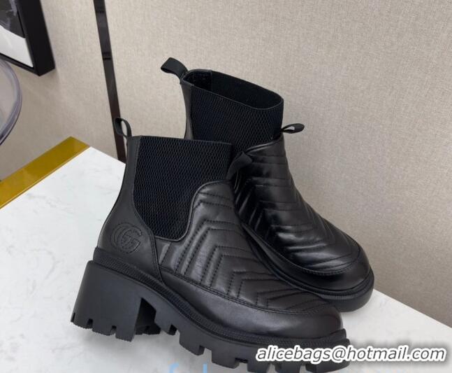 Top Quality Gucci Chevron Calfskin Short Boots with Interlocking G 121920 Black