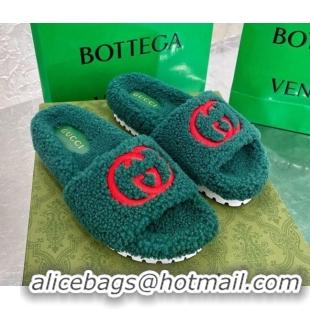 Best Luxury Gucci Shearling Slide Sandals with Interlocking G Embroidery Green 010507