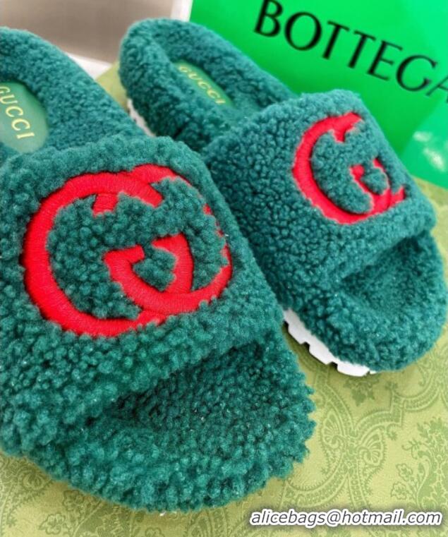 Best Luxury Gucci Shearling Slide Sandals with Interlocking G Embroidery Green 010507