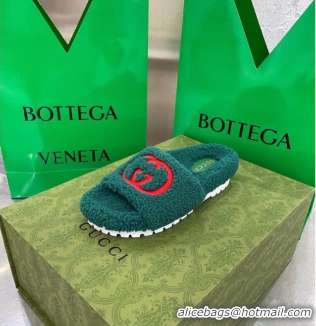 Best Luxury Gucci Shearling Slide Sandals with Interlocking G Embroidery Green 010507