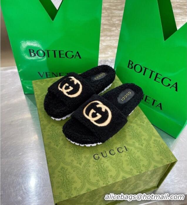 Good Quality Gucci Shearling Slide Sandals with Interlocking G Embroidery 010507 Black