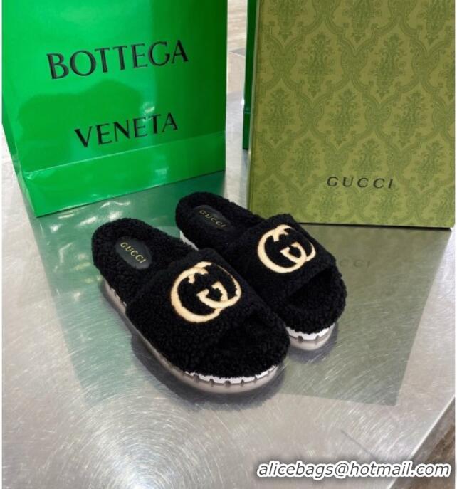 Good Quality Gucci Shearling Slide Sandals with Interlocking G Embroidery 010507 Black