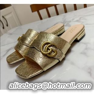 Classic Practical Gucci Leather Double G Flat Slide Sandals Gold 010664