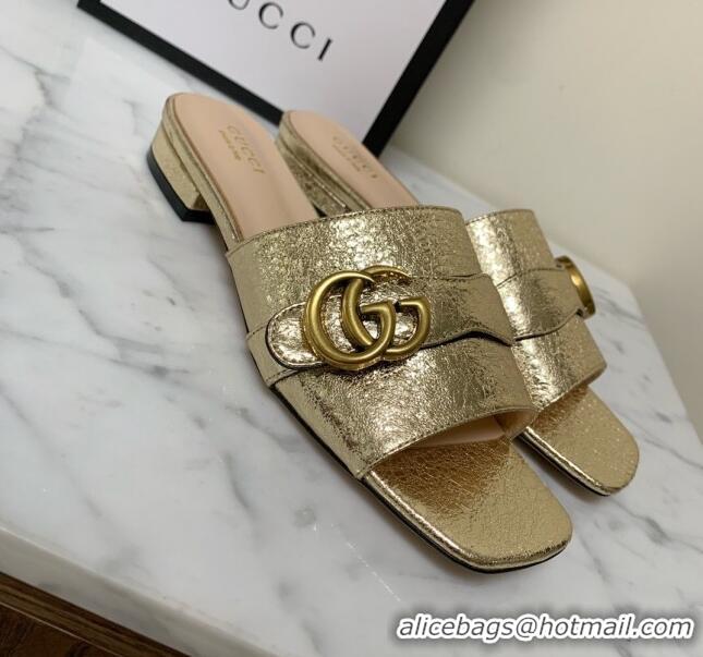 Classic Practical Gucci Leather Double G Flat Slide Sandals Gold 010664