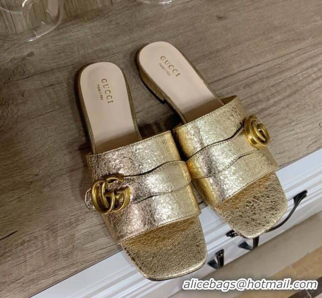 Classic Practical Gucci Leather Double G Flat Slide Sandals Gold 010664