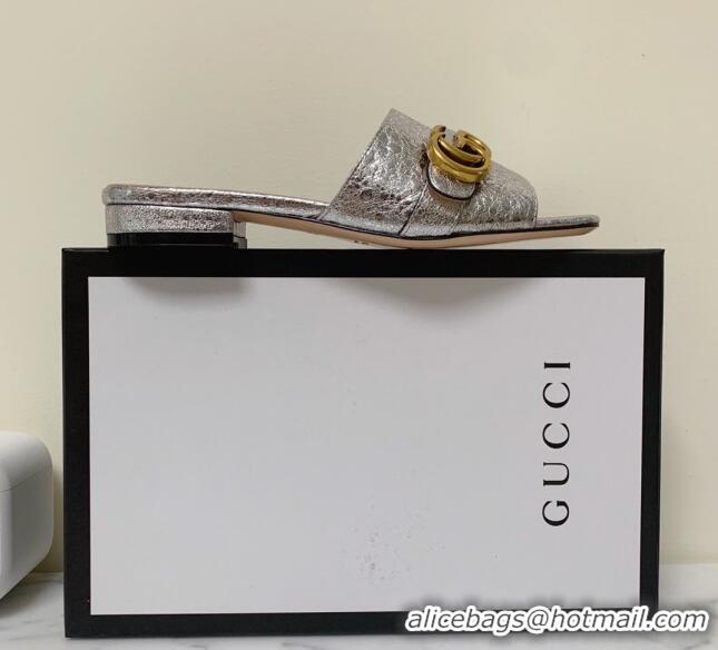 Classic Gucci Leather Double G Flat Slide Sandals 010664 Silver