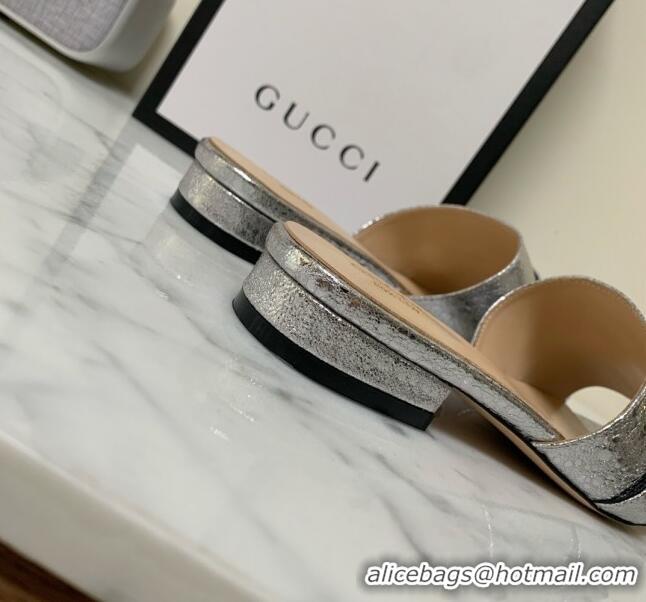 Classic Gucci Leather Double G Flat Slide Sandals 010664 Silver