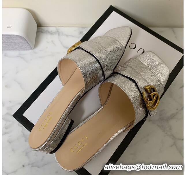 Classic Gucci Leather Double G Flat Slide Sandals 010664 Silver