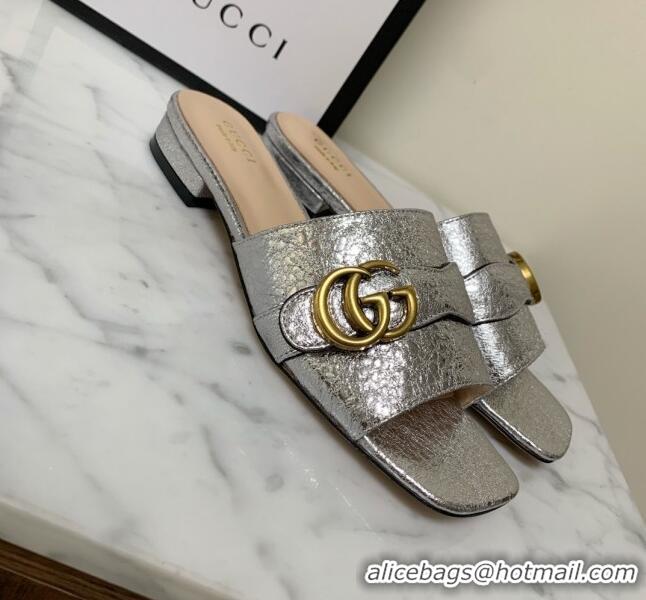 Classic Gucci Leather Double G Flat Slide Sandals 010664 Silver