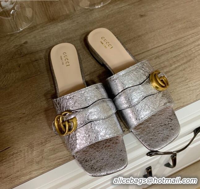 Classic Gucci Leather Double G Flat Slide Sandals 010664 Silver