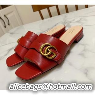 Good Quality Gucci Leather Double G Flat Slide Sandals 010664 Red