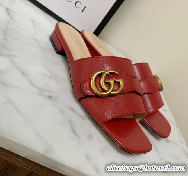 Good Quality Gucci Leather Double G Flat Slide Sandals 010664 Red