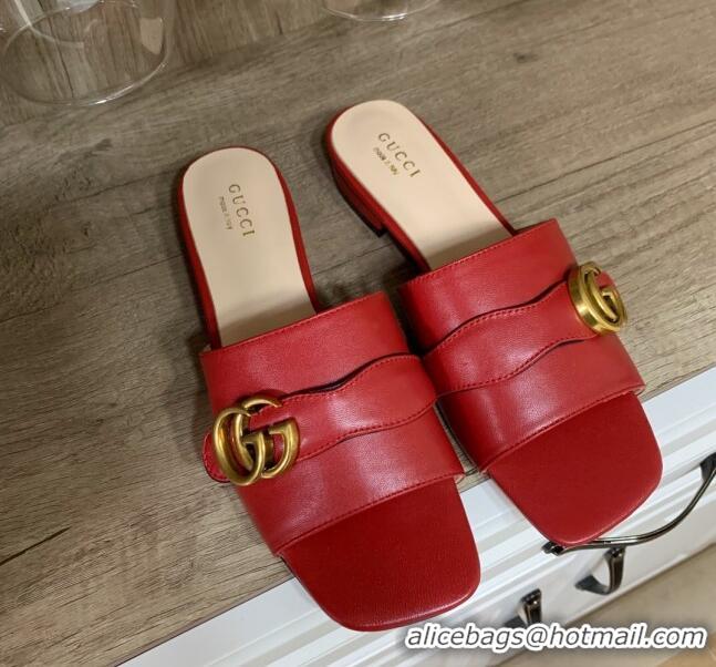 Good Quality Gucci Leather Double G Flat Slide Sandals 010664 Red