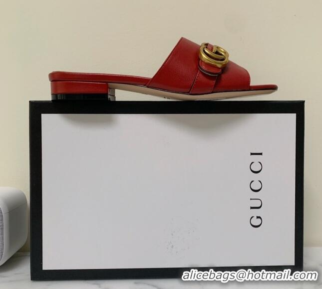 Good Quality Gucci Leather Double G Flat Slide Sandals 010664 Red