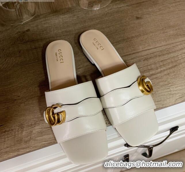 Super Quality Gucci Leather Double G Flat Slide Sandals 010667 White