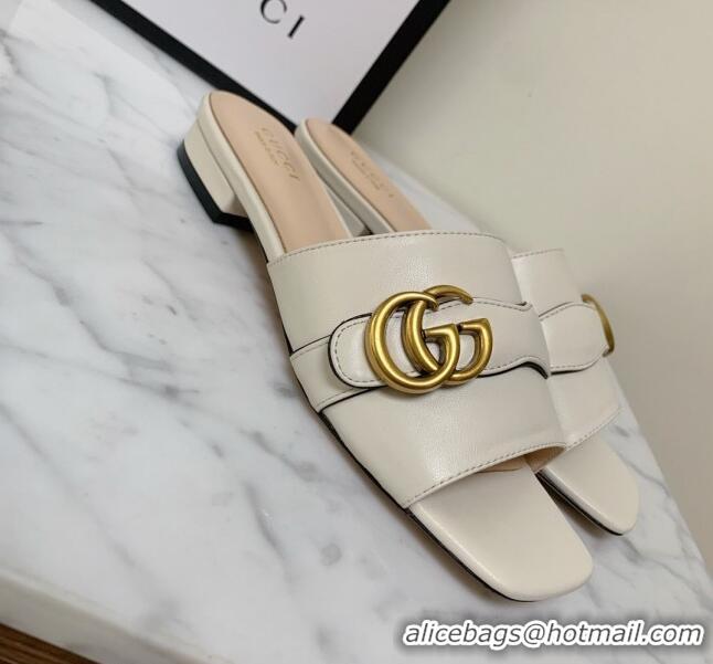 Super Quality Gucci Leather Double G Flat Slide Sandals 010667 White