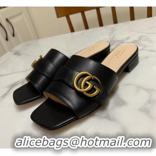 New Style Gucci Leather Double G Flat Slide Sandals 010667 Black