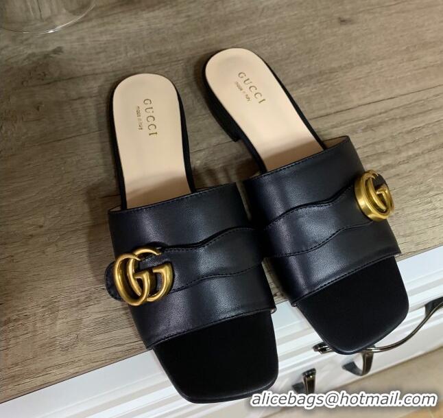 New Style Gucci Leather Double G Flat Slide Sandals 010667 Black