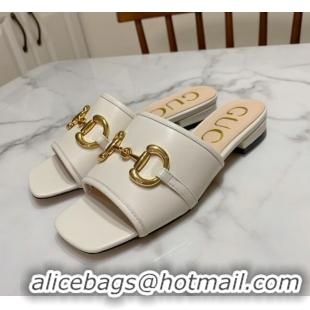 Perfect Gucci Leather 15mm Slide Sandals with Horsebit 010671 White