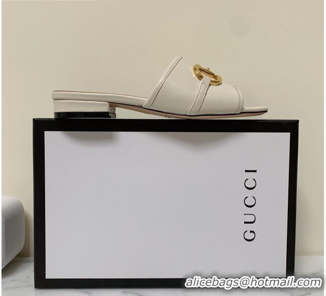 Perfect Gucci Leather 15mm Slide Sandals with Horsebit 010671 White